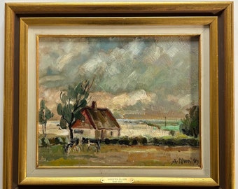 1943 Swedish mid century Cattle oil painting framed vintage meadow cow cows landscape farm seascape signed ANDERS OLSON (1880-1955)