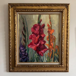 French oil painting “GLADIOLI” framed original France vintage Elie Bernadac (1913 - 1999)  floral flower still life bright colourful large