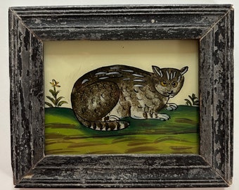 Vintage oil painting miniature small Indian reverse glass painting mini framed kids childrens bedroom bathroom cat cats pet animal tabby