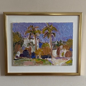 Bente Bjerregaard (geboren 1932) &quot;PALMBOMEN in ANTIBES&quot; landschap halverwege de eeuw Zweeds vintage olieverfschilderij Frans klein zeegezicht