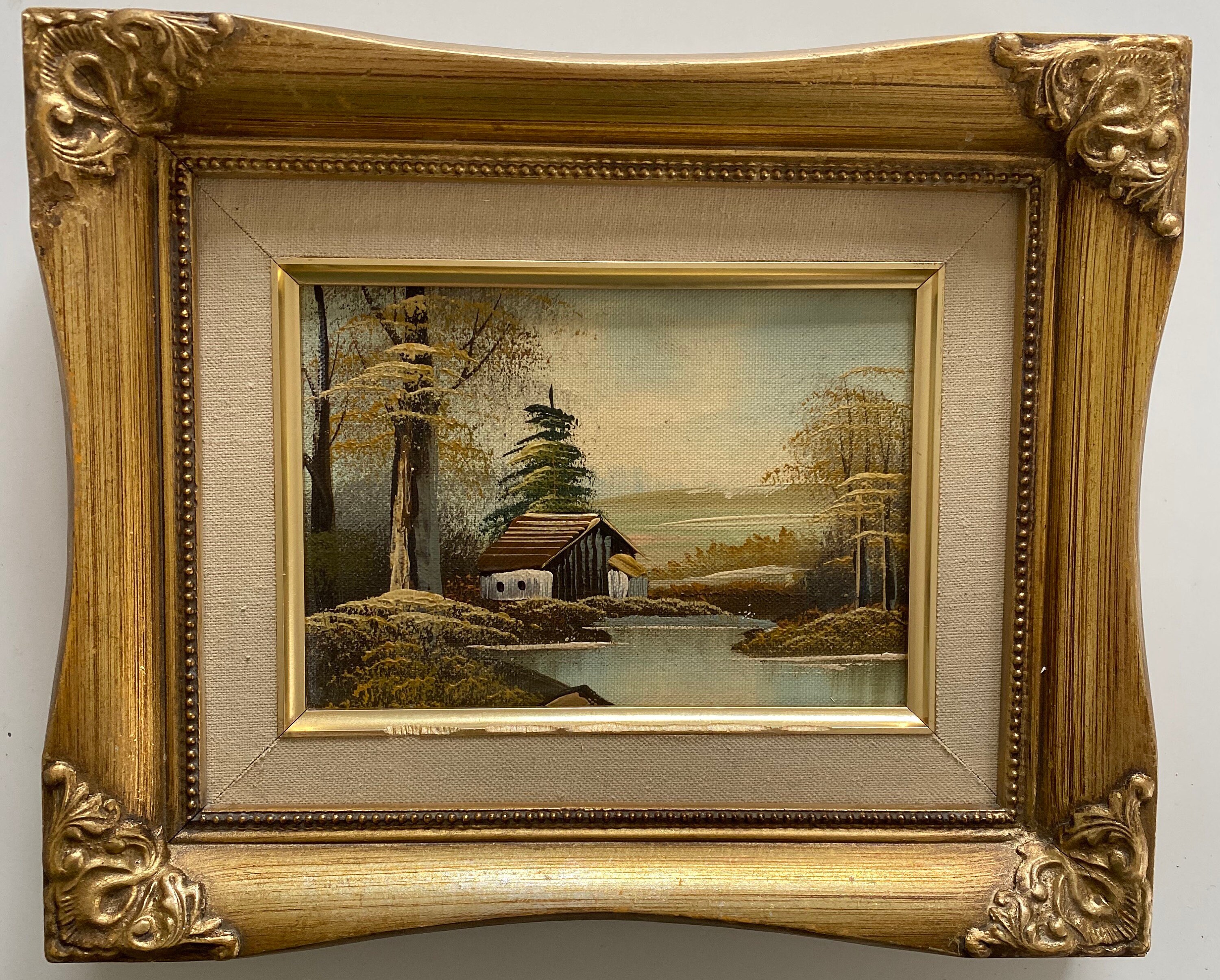 Vintage oil painting retro canvas landscape gilt frame small Etsy