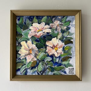 Vintage “CAMELLIAS” original signed Swedish framed floral oil painting on canvas pale pink flowers