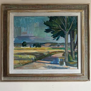 Vintage large Swedish landscape with trees green blue original oil painting vintage framed mid century signed Gerhard Wihlborg colourful sky