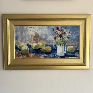 Large flowers & fruit Ragnar Falk (1903–1977) Swedish floral vintage original still life oil painting framed Flowers kitchen bedroom signed