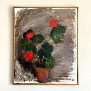 Vintage “GERANIUM POT” original Swedish oil painting on canvas signed and framed impressionist still life semi-abstract 1960's
