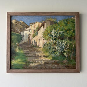Vintage “VILLAGE PATH” French original landscape oil painting on panel framed impressionist art vintage solid walnut frame