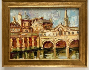 Bath Pulteney bridge city oil painting framed landscape original signed impasto contemporary river Avon Somerset