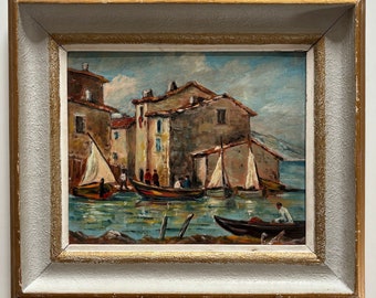 French oil painting framed landscape original France European vintage signed harbour impasto vibrant port seascape boats French Provençal