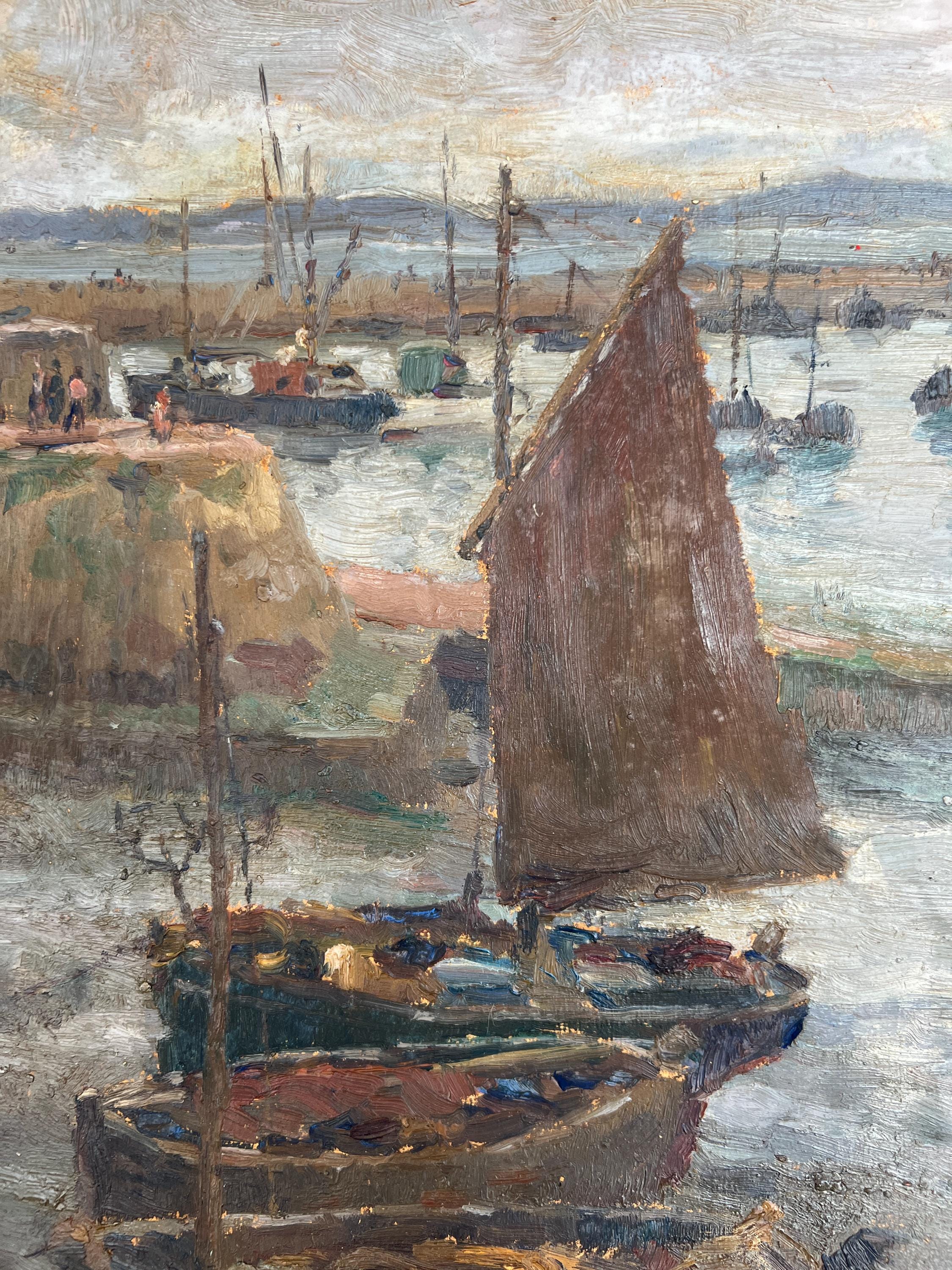 帆船 - 額入りアンティーク油絵 フランスヴィンテージ海景印象派アート 