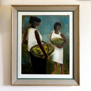 Vintage “FISHERWOMEN” original French framed oil painting on canvas signed large