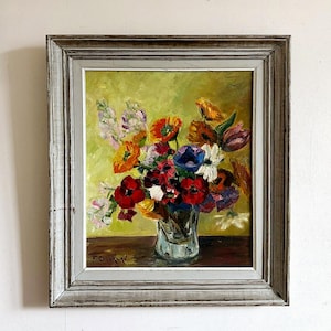 Vintage “FRENCH FLORALS” original French framed still life oil painting on board signed floral flowers