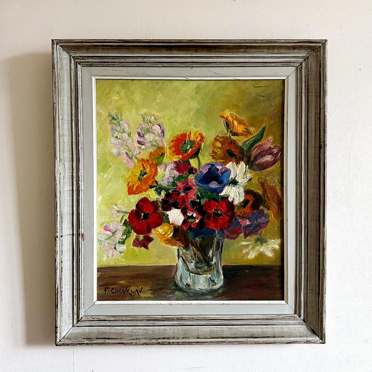Vintage “FRENCH FLORALS” original French framed still life oil painting on board signed floral flowers
