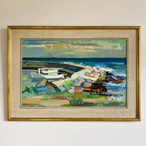 Large vintage "HARBOUR" Swedish original seascape oil painting on panel framed & signed landscape, mid-century art