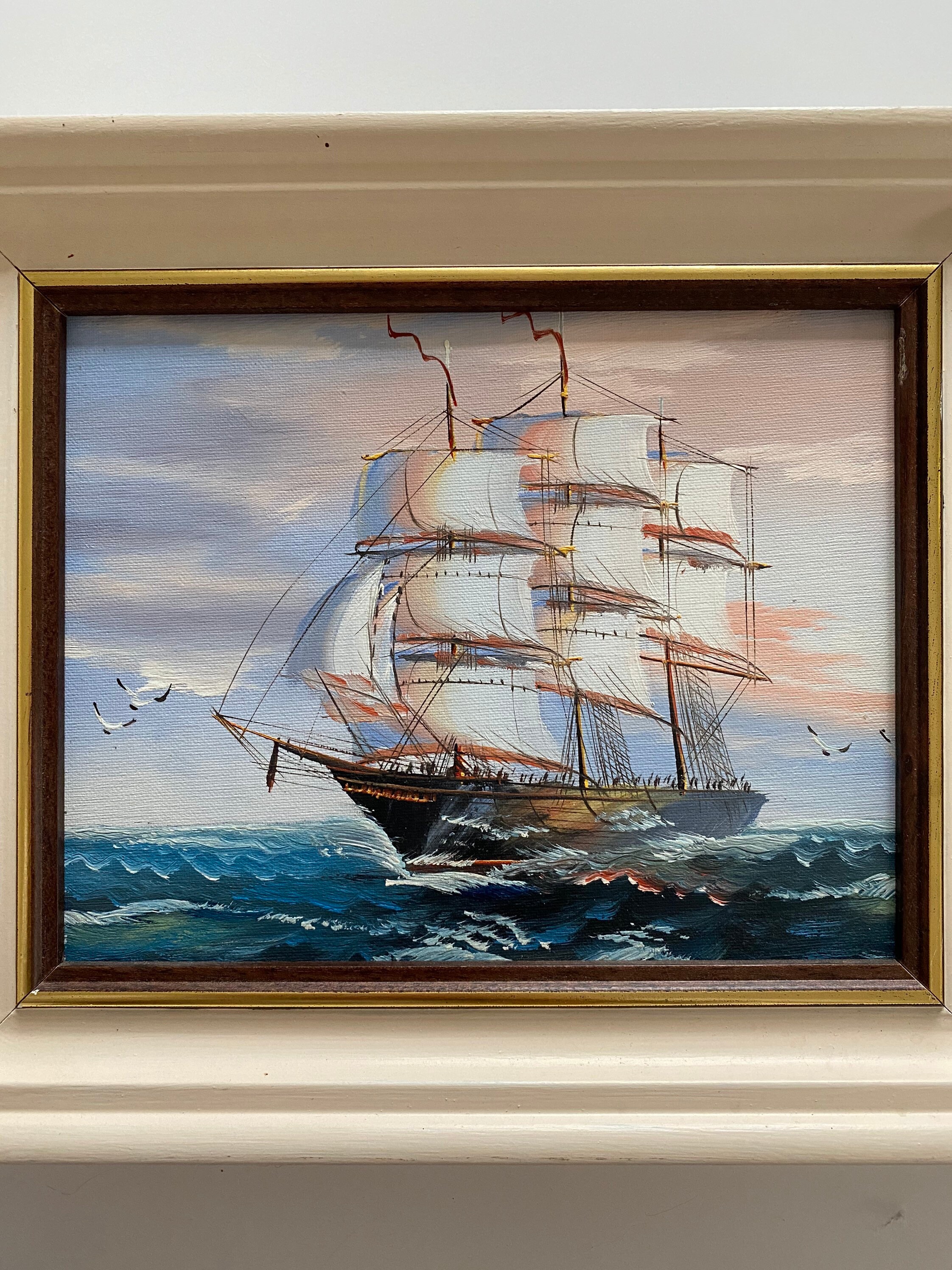 Vintage oil painting framed landscape seascape coastal sea boat coast impressionist sailing boats ocean ship small Vintage oil painting framed landscape seascape coastal sea boat coast impressionist sailing boats ocean ship small