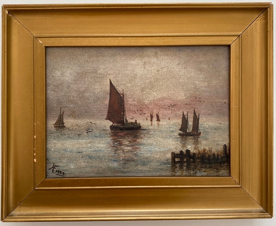 Vintage oil painting framed landscape seascape coastal sea boat coast impressionist sailing boats ocean ship small Vintage oil painting framed landscape seascape coastal sea boat coast impressionist sailing boats ocean ship small