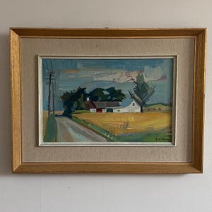 Vintage Swedish “YELLOW FIELD” landscape original oil painting vintage framed mid century signed Gerhard Wihlborg colourful sky  farm house