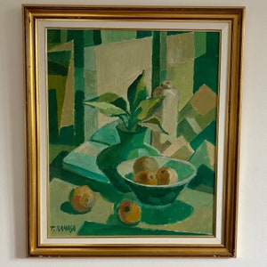 Still life “BOWL OF ORANGES” original painting framed oil vintage cubist fruit  Scandinavian Tadeusz Kamasa (1924–2003) large Swedish green