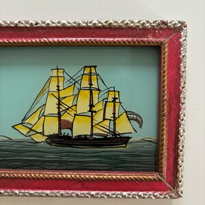 Vintage oil painting miniature small Indian reverse glass painting mini framed childrens bedroom bathroom boat ship clipper red image 2