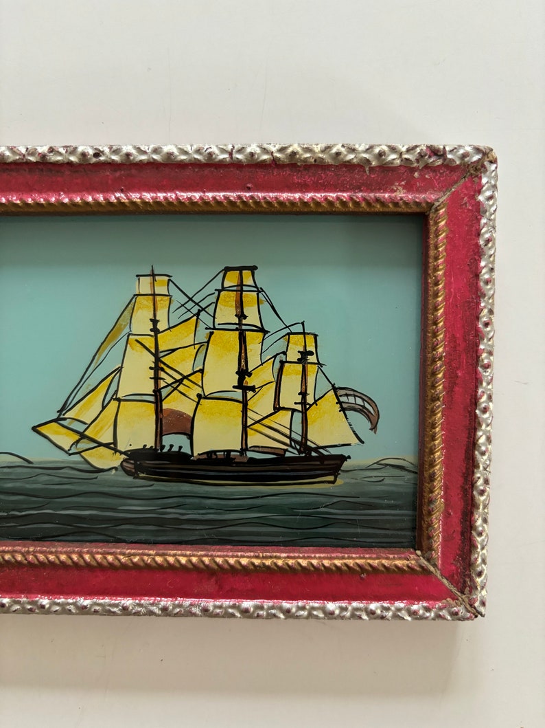 Vintage oil painting miniature small Indian reverse glass painting mini framed childrens bedroom bathroom boat ship clipper red image 2