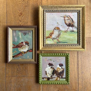 Contemporary &quot;BIRDS II&quot; original oil paintings on board cottage country signed gilt original expressionist impressionist animal art