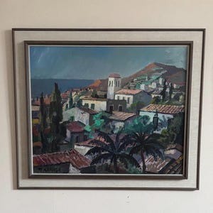 Tadeusz KAMASA “HILLTOP VILLAGE”  landscape mid century Swedish oil painting landscape polish large seascape  town signed framed original