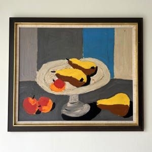 Large contemporary “STILL LIFE with PEARS” original oil painting on panel British artist vintage frame impasto vibrant thick paint fruit