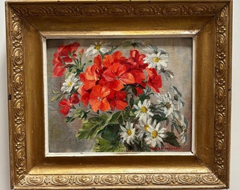 Vintage oil painting geraniums & daisies  flowers still life floral framed flower frame ornate gilt signed red white