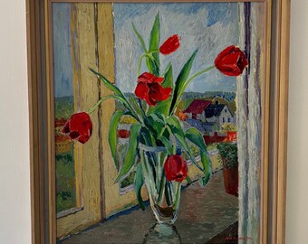 RED TULIPS 1946 vintage (Swedish) flowers floral original still life oil painting framed large Scandinavian signed mid cen Kjell Lönnblad