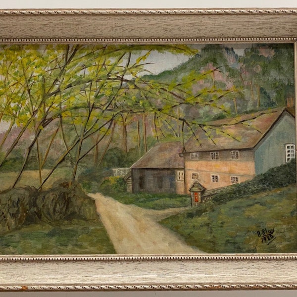 Pintura acrílica vintage enmarcada paisaje de estilo retro 1980 firmado surrey hills barn campo rural inglés