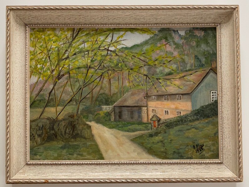 Incorniciato vintage acrilico pittura paesaggio in stile retrò anni '80 firmato surrey hills cottage fienile campagna campagna arte inglese
