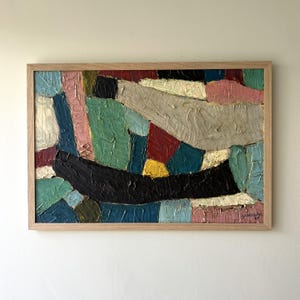 Vintage “MOSAIC OF COLOUR” large original abstract oil painting on canvas solid wooden frame 1951