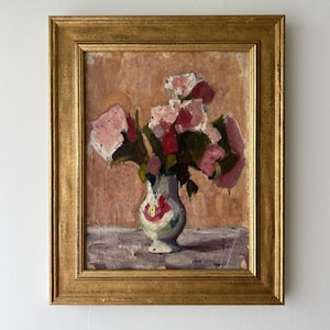 Pintura al óleo original francesa vintage &quot;TONOS DE ROSA&quot; sobre papel, arte impresionista enmarcado, firmada, con flores en jarrón.