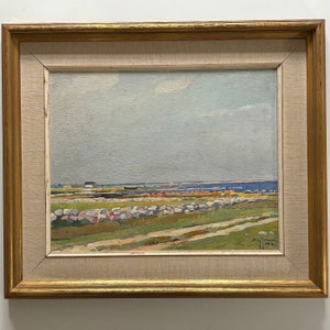 Swedish COASTAL LANDSCAPE 1958 Landscape original painting framed vintage Scandinavian signed gilt blue stig JANZON mid century