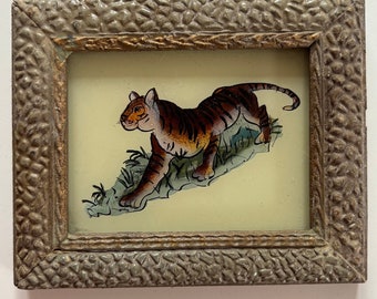 Vintage oil painting miniature small Indian reverse glass painting mini framed kids childrens bedroom bathroom tiger wild cat safari jungle