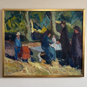 Large “PARK STROLL”  landscape Scandinavian mid century Swedish colourful vibrant bright baby pram family green blue vintage oil painting