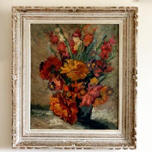 Vintage “DAHLIAS & GLADIOLI” original French framed still life oil painting on board signed floral flowers large