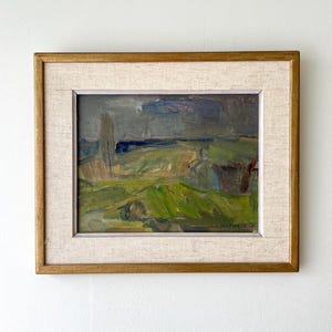 Vintage “SOFT HILLS” original Swedish framed landscape oil painting on panel signed by the artist impressionist art mid-century linen mount