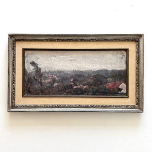 Antiek "BELGIAN LANDSCAPE II" klein origineel landschapsolieverfschilderij Belgische ingelijste vintage uit het midden van de eeuw