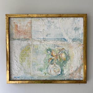 Vintage “MUTED ABSTRACT with FRUIT” original Swedish framed oil painting on canvas signed impressionist art gilt frame