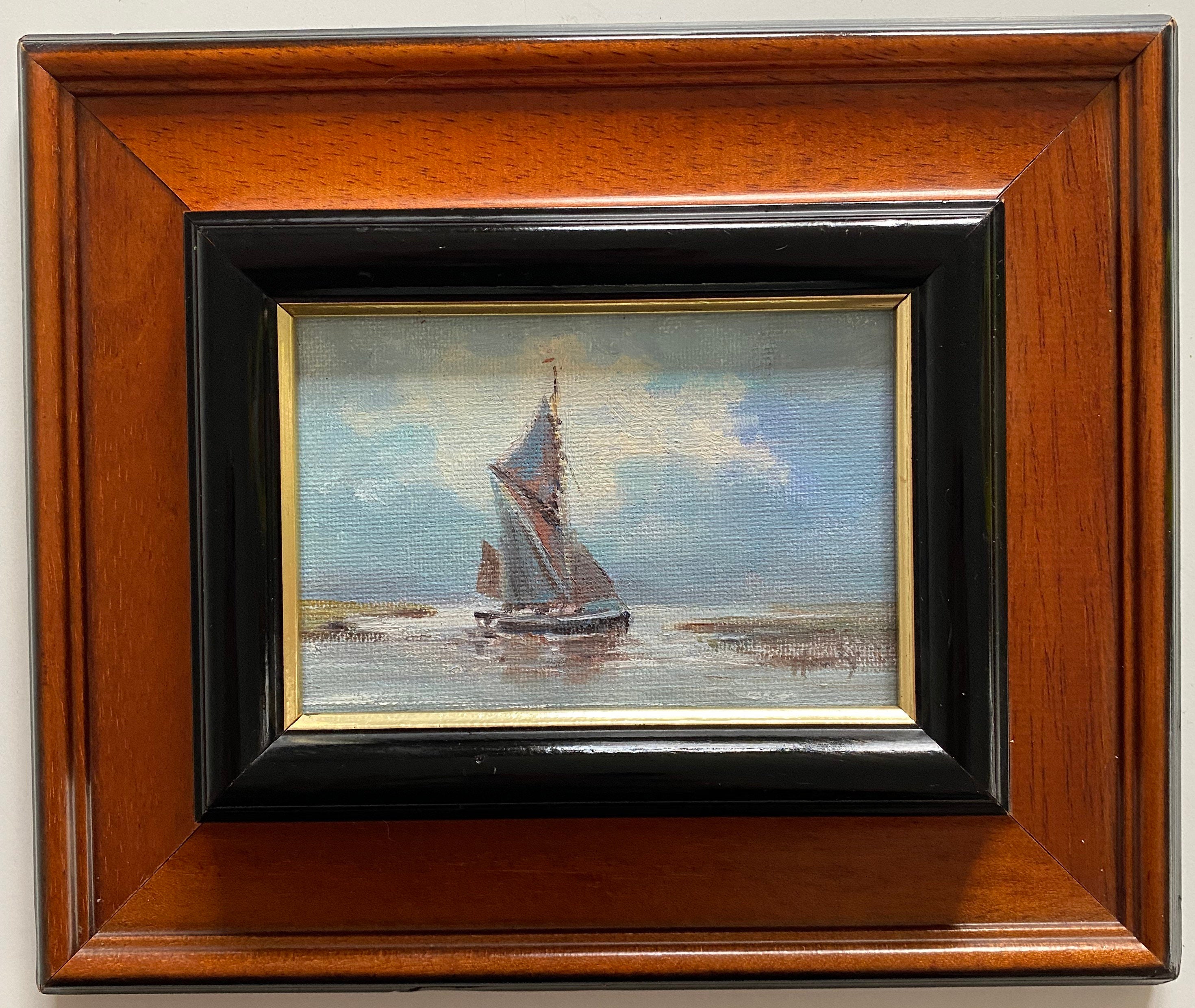 Vintage oil painting framed landscape seascape coastal sea boat coast impressionist sailing boats ocean ship small Vintage oil painting framed landscape seascape coastal sea boat coast impressionist sailing boats ocean ship small