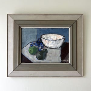 Vintage “FRUIT WITH BOWL” original Swedish oil painting on canvas signed and framed still-life fruit impressionist vibrant art pears