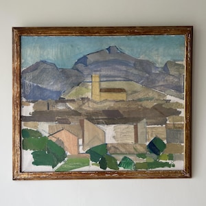 Vintage “MOUNTAIN VILLAGE” original Swedish framed landscape oil painting on canvas signed gilt frame