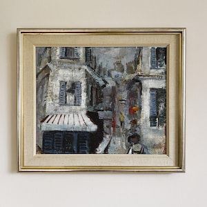 Vintage &quot;PARISSE SHUTTERS&quot; origineel olieverfschilderij Zweedse kunst vergulde lijst