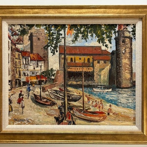 BASQUE port Frigara, 1974 vintage oil painting framed landscape original signed San Sebastián Spain Spanish