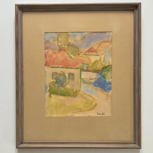 Svän Grandin (1906–1982) original painting framed vintage Scandinavian Swedish   landscape watercolour signed small mid century colourful