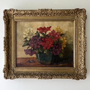 Vintage “TIMELESS BOUQUET” original still life Dutch oil painting on linen gilt frame florals flowers