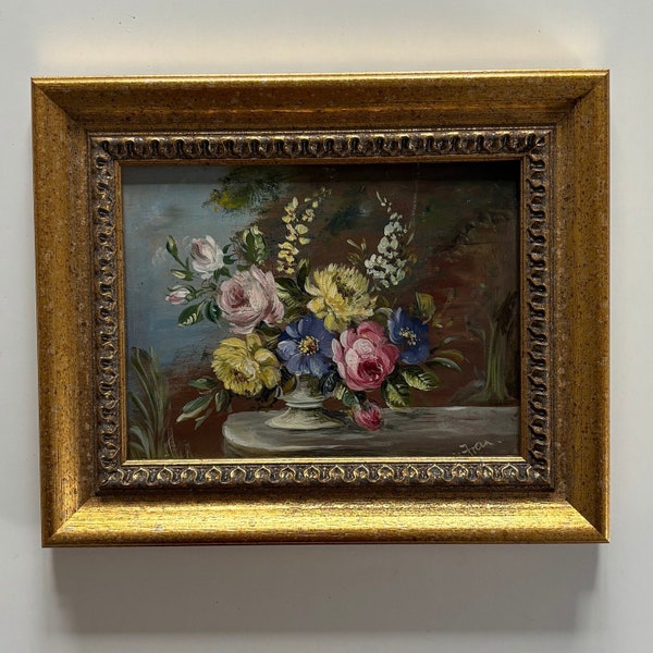 Vintage oil painting retro flowers still life floral framed flower signed kitsch blooms original small gilt