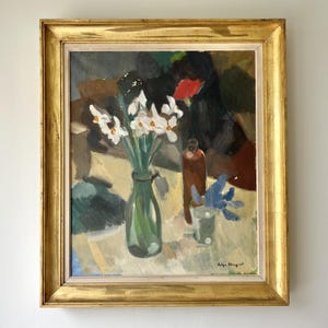 Vintage "STILL LIFE with DAFFODILS" Swedish original oil painting on canvas flowers floral framed signed antique Scandinavian