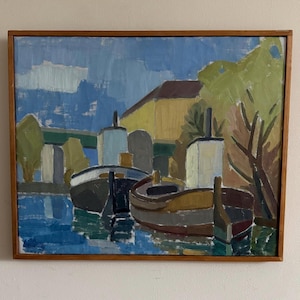 H. Andreasson “TWO BOATS” harbour landscape Scandinavian mid century Swedish cubist colourful vibrant bright cubism