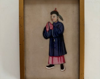 Vintage antique Chinese emporer portrait man painting on rice paper gold frame small mini miniature Asian orientalist oriental